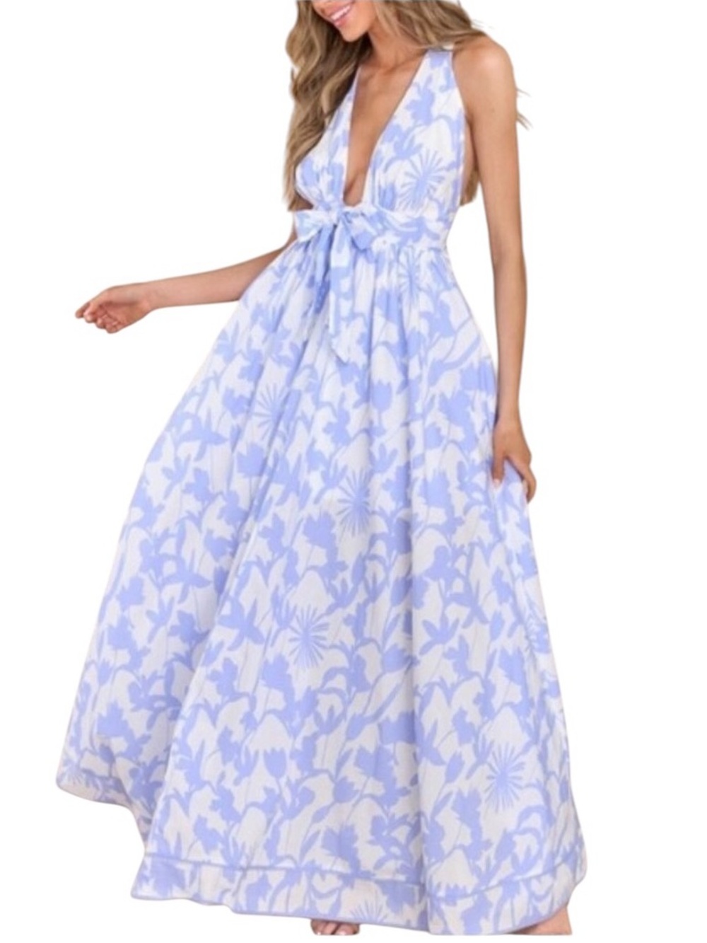 Aakaa Periwinkle Cotton Maxi Dress Deep V Halter Neck Criss-Cross Back Sz S